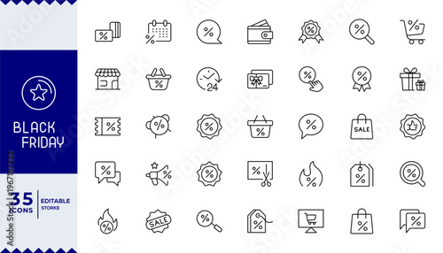 Black Friday Outline icon set.Black Friday icon set featuring shopping, sale, discount, ecommerce, cart, checkout,gift, holidays sale, wallet, store.