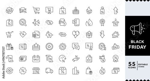 Black Friday Outline icon set.Black Friday icon set featuring shopping, sale, discount, ecommerce, cart, checkout,gift, holidays sale, wallet, store.