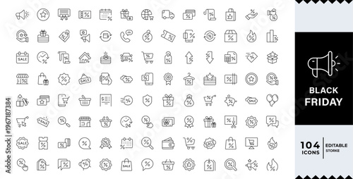 Black Friday Outline icon set.Black Friday icon set featuring shopping, sale, discount, ecommerce, cart, checkout,gift, holidays sale, wallet, store.