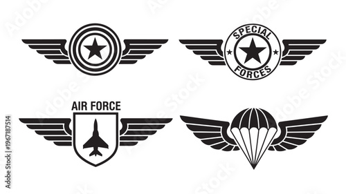 Military emblems featuring wings, stars, a jet, and a parachute for special forces, air force, and tactical operations.