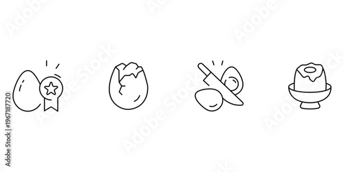 Egg icon set featuring whole chicken egg with quality award star cracked shell and boiled egg prepared with knife for vector.