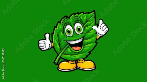 Cheerful leaf character celebrating nature fun graphic vibrant green environment playful viewpoint eco-friendly concept