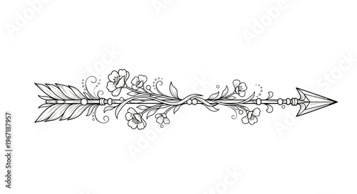 Floral Arrow Illustration: Detailed Line Art with Flowers and Feathers.