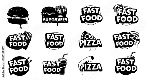 Colorful fast food typography logo set with cartoon style badges and burger pizza icons for branding and promotion vector illustration