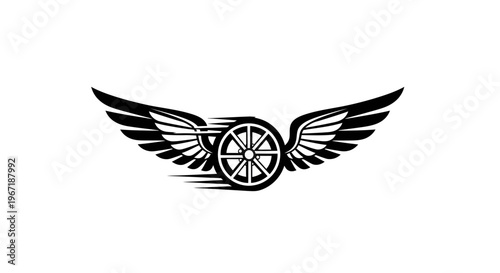 Monochrome winged wheel emblem symbolizing speed and freedom.