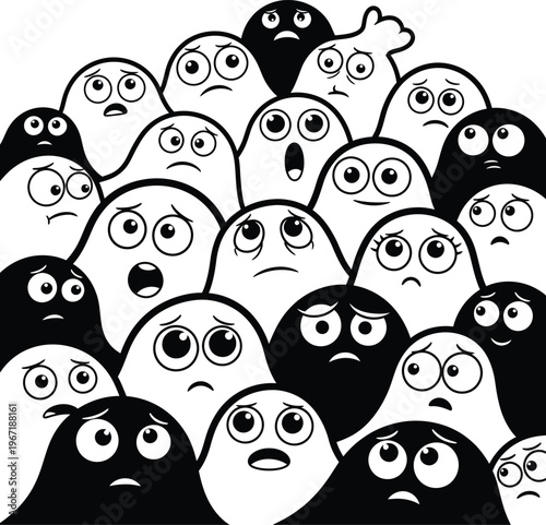 Expressive Cartoon Crowd of Anxious Figures Showcasing Diverse Emotions and Social Concerns in a Graphic Vector Style