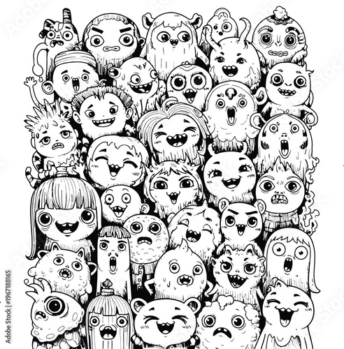 Collection of Funny, Cute, and Whimsical Doodle Monsters with Expressive Faces