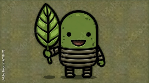 Cheerful cartoon character holding leaf whimsical forest digital art playful vibe front view nature concept