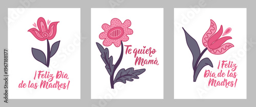 Set of Mother's day phrases in Spanish. Love you mom, Happy Mother's Day - in Spanish. Holidays lettering. Perfect design for greeting cards, posters and social media. 