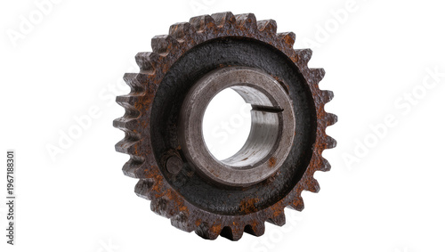 Photography Rusty metal cogwheel with teeth and central bore, isolated on transparent backgr