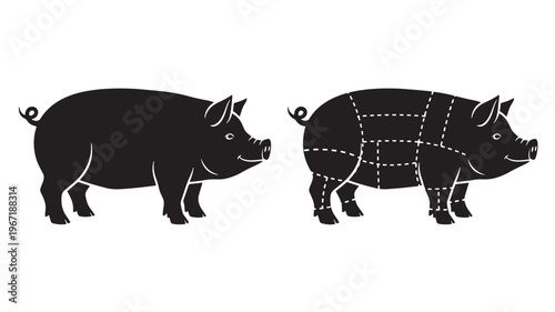 Pigs silhouettes with and without butcher cuts marked by dashed lines, isolated on white background.