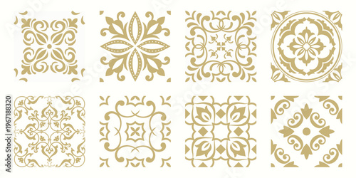 Collection of 8 flower Azulejo tiles. Seamless colorful patterns in azulejo style. Floor tile oriental collection seamless textures. Portugal spanish ceramics. Vector