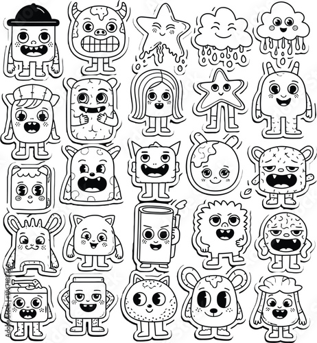 Whimsical black and white monster cartoon character collection. Cute doodle creatures for fun designs and stickers