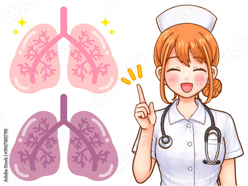 肺の説明をする看護師の女性のアニメ系図解イラスト素材4