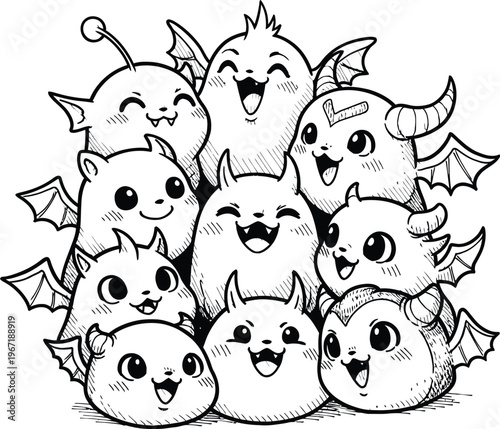 Black and white vector illustration of a joyful collection of happy, adorable cartoon monsters, perfect for playful designs