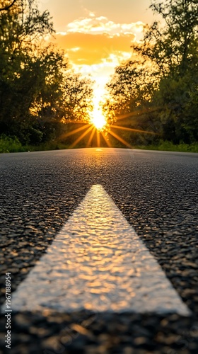Empty road leads forward into a radiant golden sun