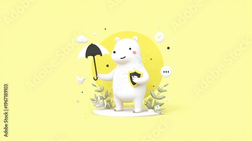 Charming polar bear holding an umbrella in a bright yellow environment 3d illustration whimsical concept