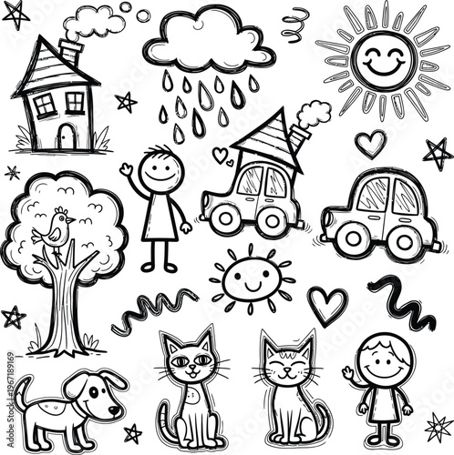 Children's Drawing Style with Happy Elements like Sun, Cars, and Animals