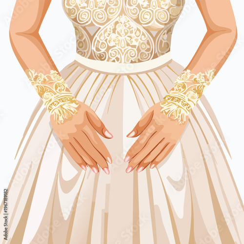 Elegant wedding dress design featuring intricate lace and detailed textures