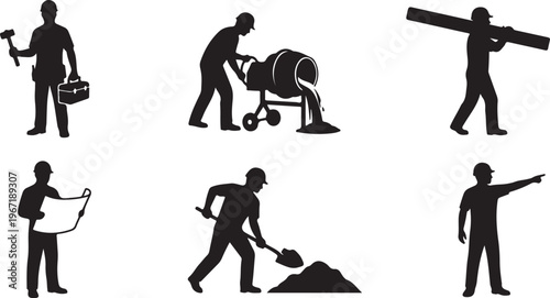 Silhouette construction workers and tools, building, and construction site elements for industry and labor concepts, construction worker