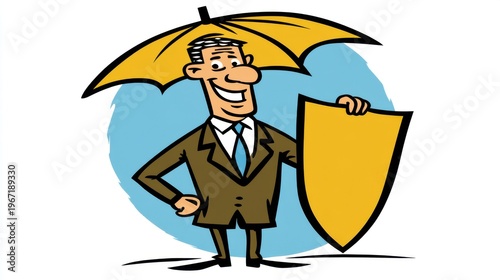 Business man holding umbrella and shield office setting cartoon illustration professional environment cheerful viewpoint