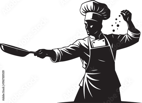 Black and white of a chef tossing seasoning cooking