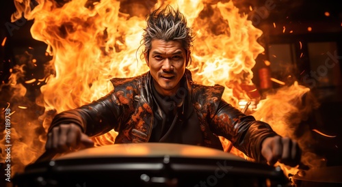 Portrait of a man playing the drums on a fire background