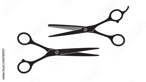 Scissors silhouette with one pair of thinning shears and one pair of straight hair scissors on a white background, ideal for salons.
