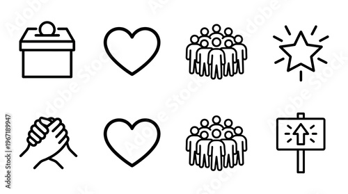 Vector graphic illustration of eight unique line icons for business and social concepts