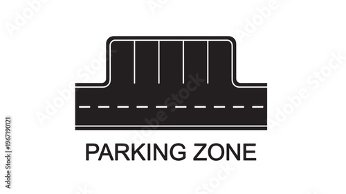 Parking zone icon with designated parking spaces on a black road surface with white markings on a white background.