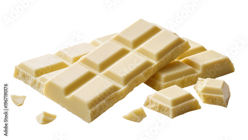 Fotografie Creamy white chocolate bar with broken pieces, isolated on transparent backgroun