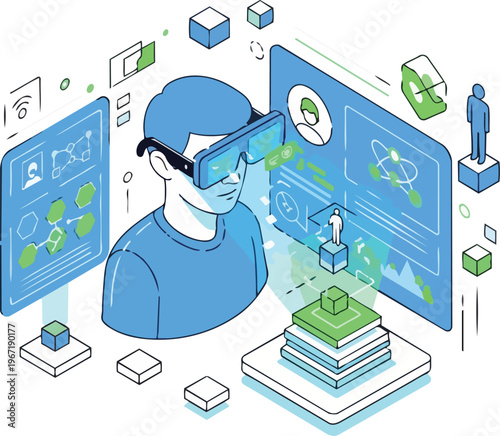 Isometric Man in VR Goggles Interacting with Futuristic Data Interface and Augmented Reality Screens