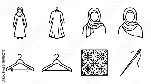 Vector graphic illustration of muslim clothing and sewing accessories in simple line art style