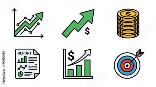 Business growth and finance vector icons featuring graphs, money, and targets