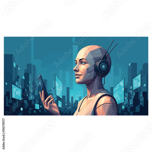 Futuristic cyborg woman with headphones and smartphone, analyzing glowing digital screens in a neon cityscape, embracing artificial intelligence and technology. Vector art