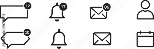 Set of outline notification icons with counters, message, bell, user, and calendar symbols, minimalistic thin line icons for website and mobile application UI.