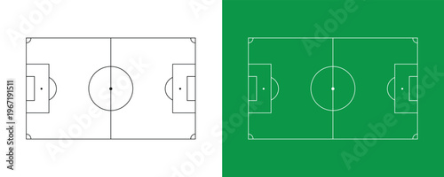 Comparison of soccer field layouts in black and white line art and green turf versions, football pitch technical drawing for sports coaching apps.