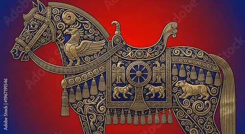 Ornate Golden Horse Sculpture with Intricate Details and Design.