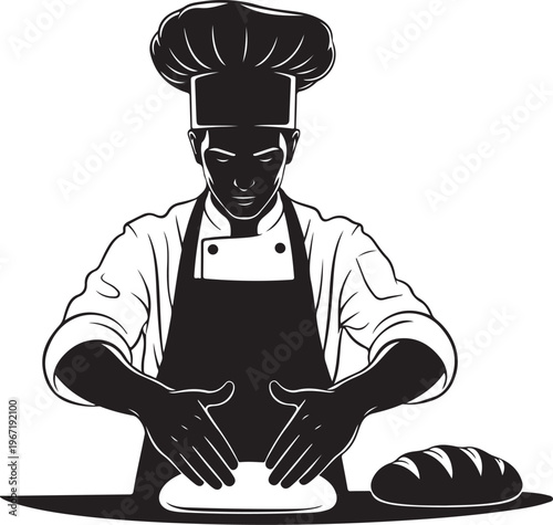Black and white of chef shaping dough baker cooking