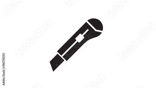 Utility knife black icon with sharp blade and ergonomic handle for cutting applications featuring box cutter, razor, cutter with slice and paper