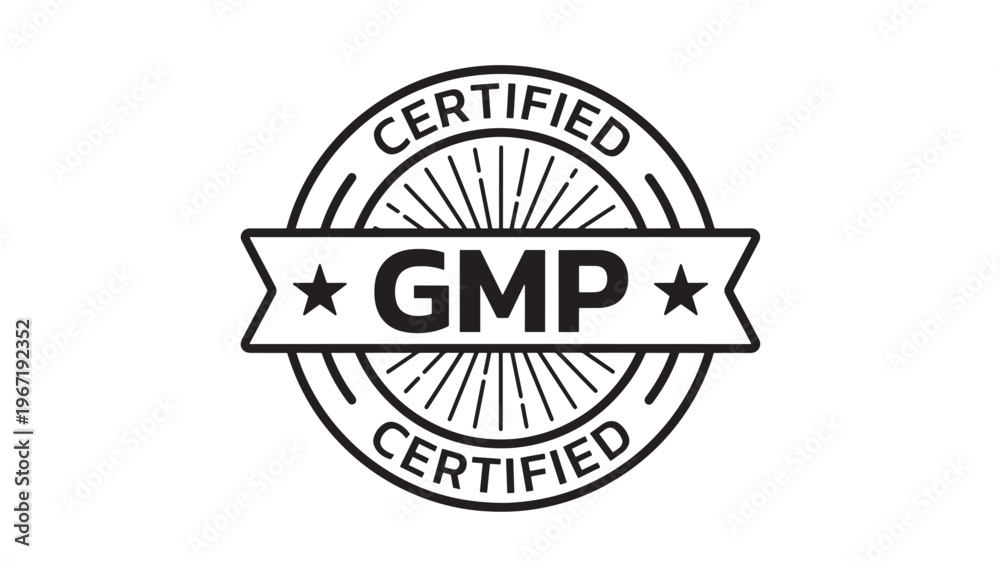 Fototapeta premium Stamp certified GMP Good Manufacturing Practices with a star emblem and sunburst radiating lines on a white background