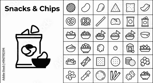 Large collection of snacks and chips icons featuring potato chips, pretzels, crackers, popcorn, nachos with dip, and various salty appetizers in a clean linear outline style for food packaging and men