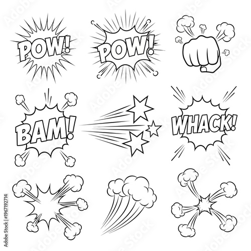 Comic Book Sound Effects, Punch and Explosion Icons, Black and White Line Art