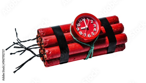 Photos Bundle of red dynamite sticks with a red alarm clock, isolated on transparent ba
