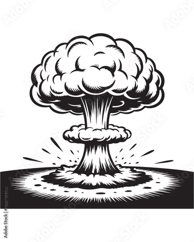 A detailed black and white illustration of a large mushroom cloud from a nuclear explosion event