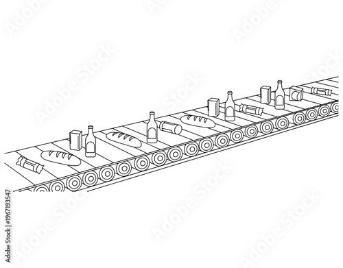 Industrial Conveyor Belt with Bread and Bottled Beverages in Food Factory Production Line Illustration: Manufacturing and Processing Workflow in Minimalist Black Outline Style.