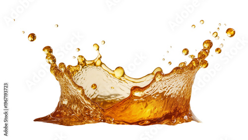 Amber liquid splash crown with droplets, isolated on transparent background