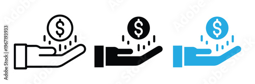 Three icons of hands giving money in black and blue on white background for finance and donation concepts