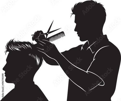 Black silhouette of barber cutting man's hair with scissors and comb 1