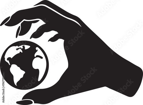 Isolated graphic silhouette a human hand carefully cradles a stylized Earth globe, symbolizing global responsibility and connection